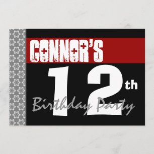 12. Geburtstagsparty Modernes Rotes Schwarzes und Einladung
