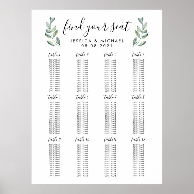 12 große Hochzeitstisch 192 Sitzplan Poster (Vorne)