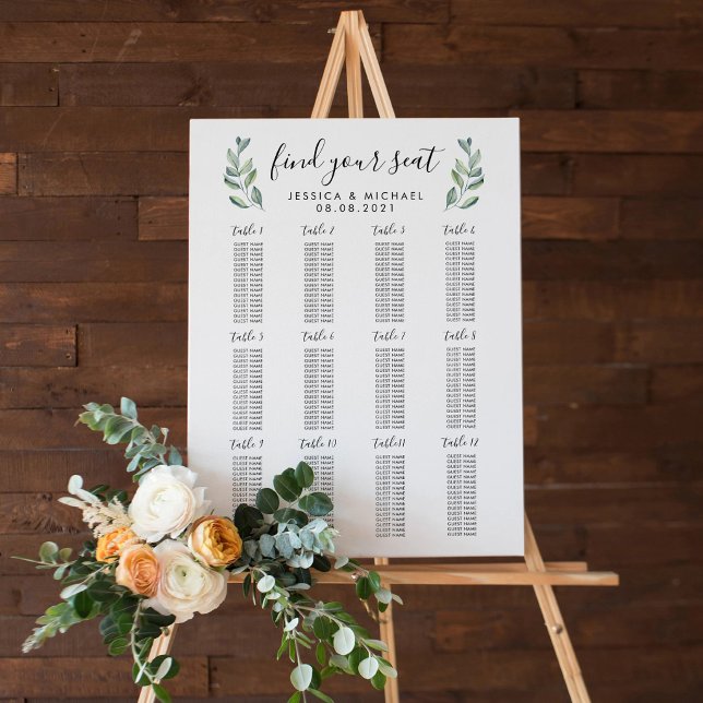 12 große Hochzeitstisch 192 Sitzplan Poster (12 Table Large Wedding 192 Guests Seating Chart Poster)