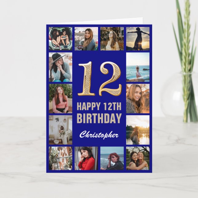 12. Happy Birthday Navy Blue & Gold Foto Collage Karte (Vorderseite)