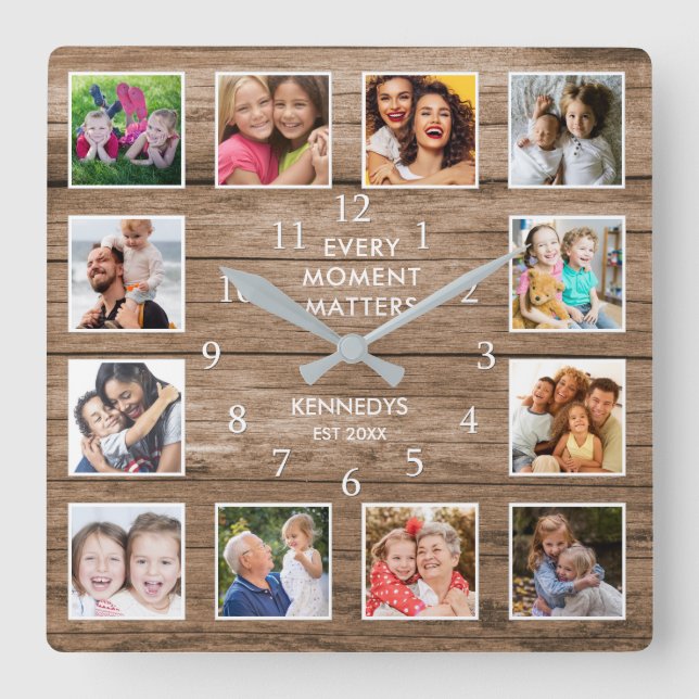 12 Momente der FotoCollage Familienname zurückgele Quadratische Wanduhr (Vorderseite)
