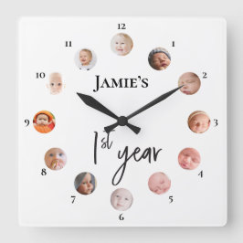 12 Monate Fotos Baby's 1. Jahr Quadratische Wanduhr