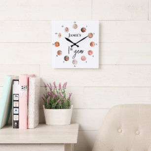 12 Monate individuelle Fotos Baby's erstes Jahr Quadratische Wanduhr