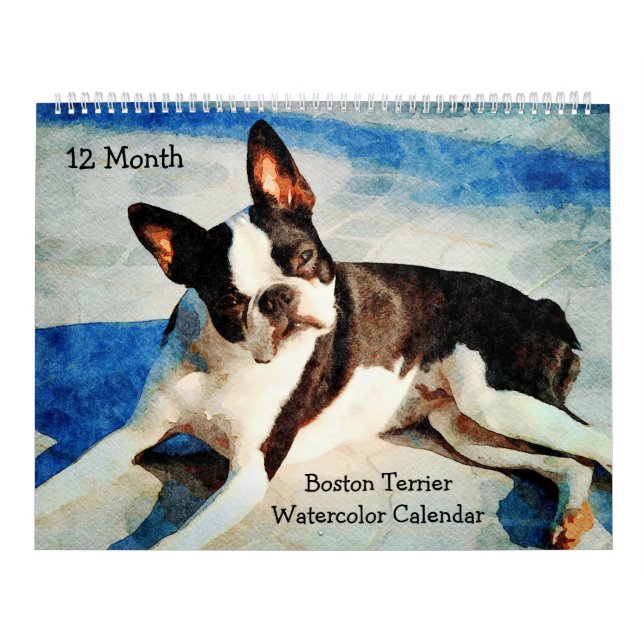 12 Monate Niedlich Boston Terrier Dogs Watercolor  Kalender (Titelbild)