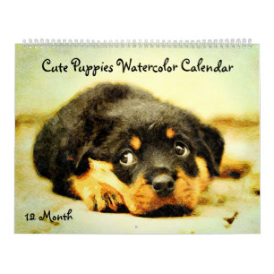 12 Monate Niedliche Welpen Baby Dog Aquarellmalere Kalender