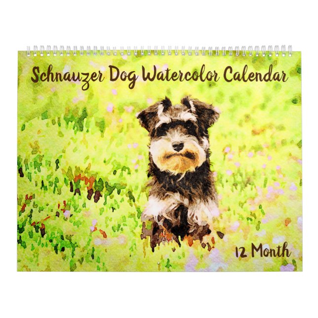 12-monatiger entzückender Schnauzer verfolgt Kalender (Titelbild)