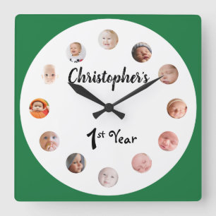 12 month baby photos Green custom Quadratische Wanduhr