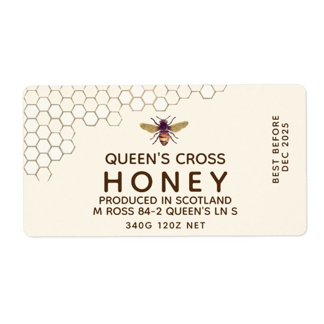 12 oz Honey Hex Jar Label mit Wabenrüben und Biene (Vorne)