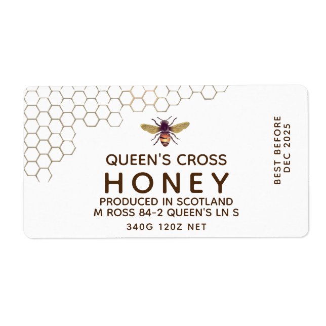 12 oz Honey Hex Jar Label mit Wabenrüben und Biene (Vorne)