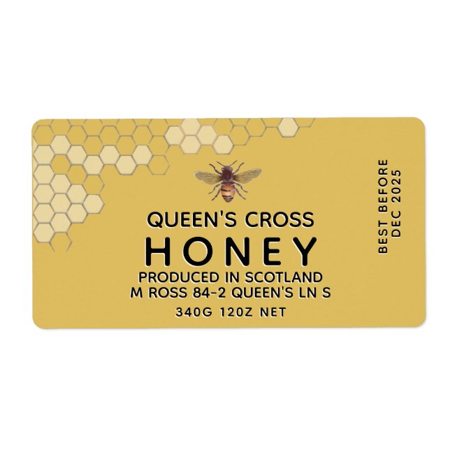 12 oz Honey Hex Jar Label mit Wabenrüben und Biene (Vorne)