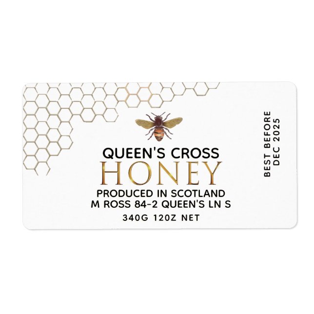 12 oz Honey Hex Jar Label mit Wabenrüben und Biene (Vorne)