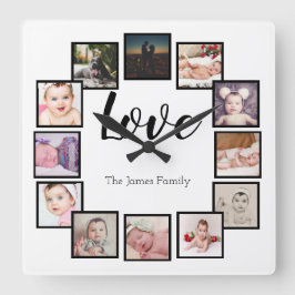 12 Personalisierte FotoCollage Quadratische Wanduhr