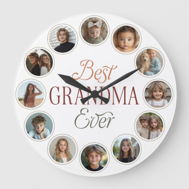 12 Photo Collage Best Grandma Ever Große Wanduhr (Vorderseite)