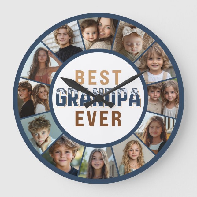 12 Photo Collage Best Grandpa Ever Large Clock Große Wanduhr (Vorderseite)