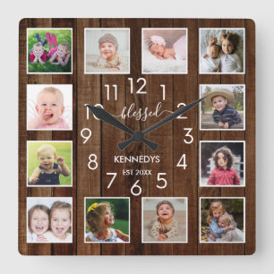 12 Photo Collage Blessed Family Name Pallet Wood Quadratische Wanduhr