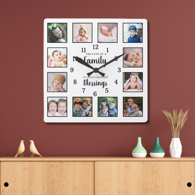 12 Photo Collage Family Love Blessings Quote White Quadratische Wanduhr (Von Creator hochgeladen)
