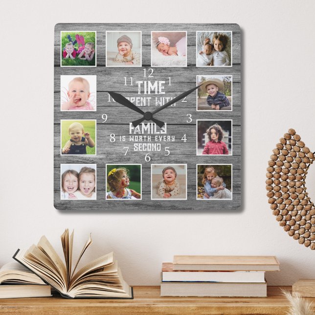 12 Photo Collage Family Quote Farmhouse Gray Wood Quadratische Wanduhr (Von Creator hochgeladen)