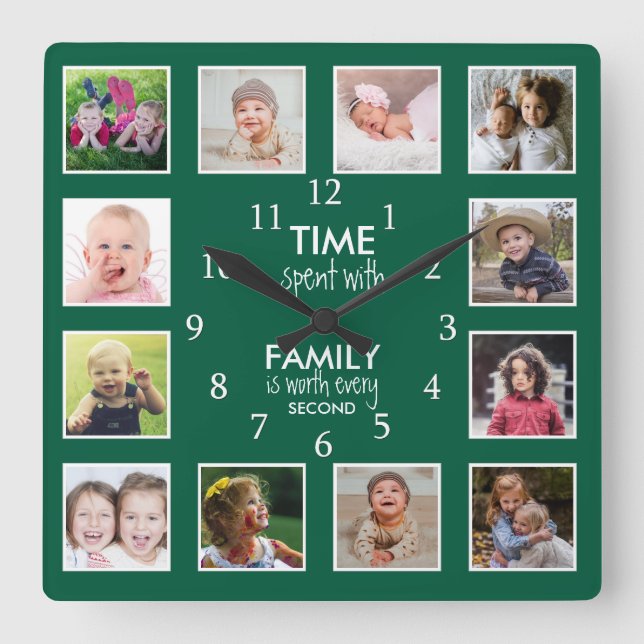 12 Photo Collage Time With Family Quote Green Quadratische Wanduhr (Vorderseite)