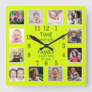 12 Photo Collage Time With Family Quote Neon Green Quadratische Wanduhr