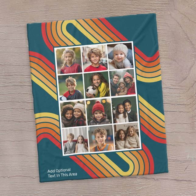 12 Photo Collage with Retro 70s Inspired Stripes Fleecedecke (12 photo personalized fleece blanket with a message and retro stripes)