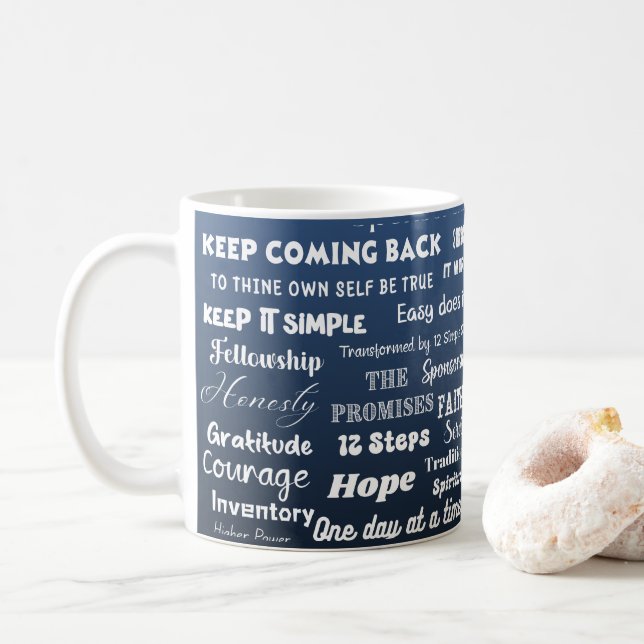 12 Schritt Erholungsworte & Slogans Kaffeetasse (Mit Donut)