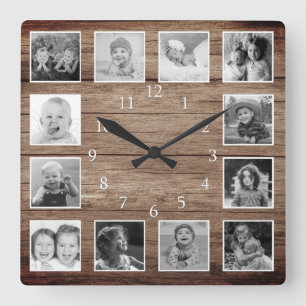 12 Schwarz-Weiß-Foto-Collage-Farmhouse-Holz Quadratische Wanduhr