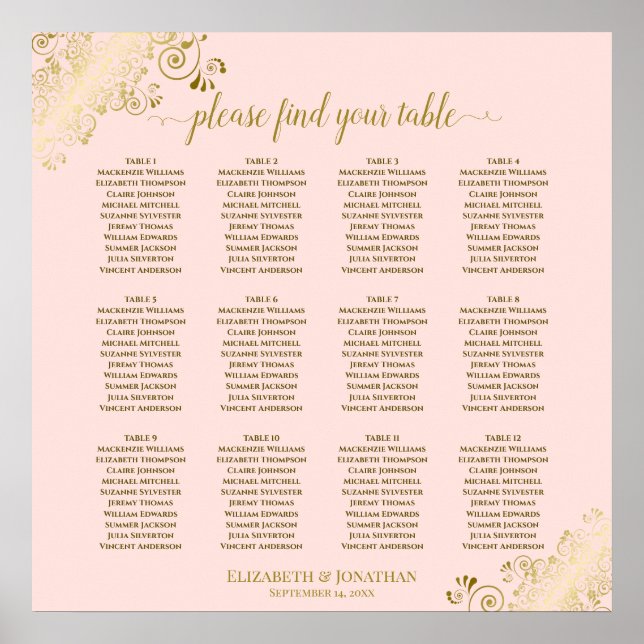 12 Tabelle Blush Pink & Gold Hochzeitskarte Poster (Vorne)