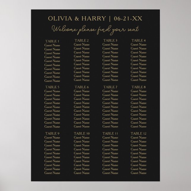 12 Tabelle Einfache Minimalistische Hochzeitssitzk Poster (Vorne)