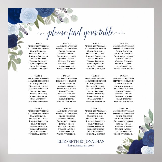 12 Tabelle Elegante blaue Rose Hochzeitstabelle Poster (Vorne)
