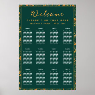 12 Tabelle Emerald Green & Gold Floral Seating Cha Poster
