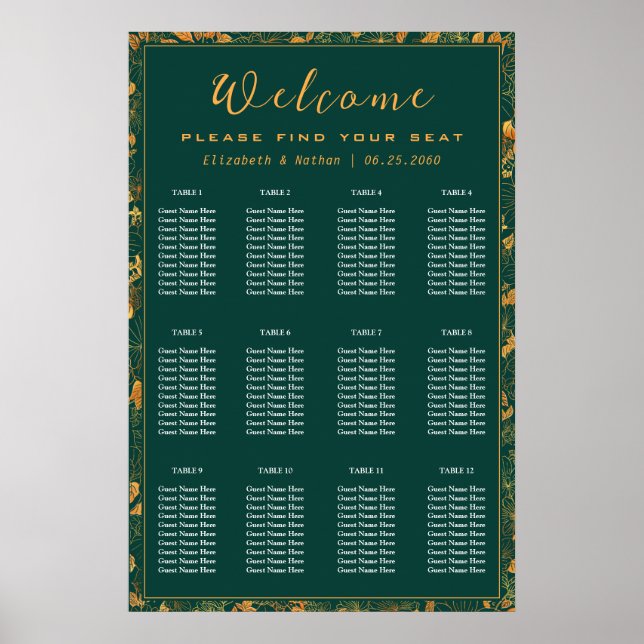 12 Tabelle Emerald Green & Gold Floral Seating Cha Poster (Vorne)