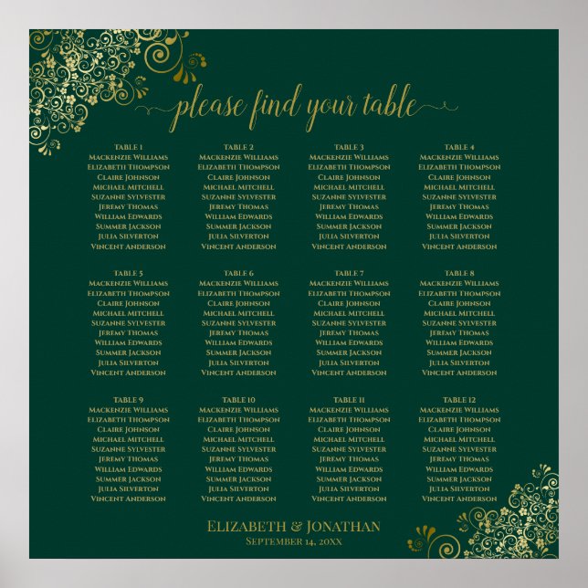 12 Tabelle Emerald Green Wedding Seating Chart Gol Poster (Vorne)