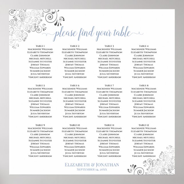 12 Tabelle Frilly Blue & White Wedding Seating Cha Poster (Vorne)