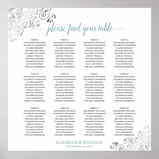 12 Tabelle Frily Aquamarin & White Wedding Chart Poster (Vorne)