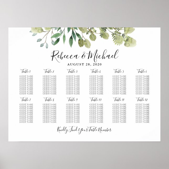 12 Tabelle Greenery Wedding Guest Seating Chart Poster (Vorne)
