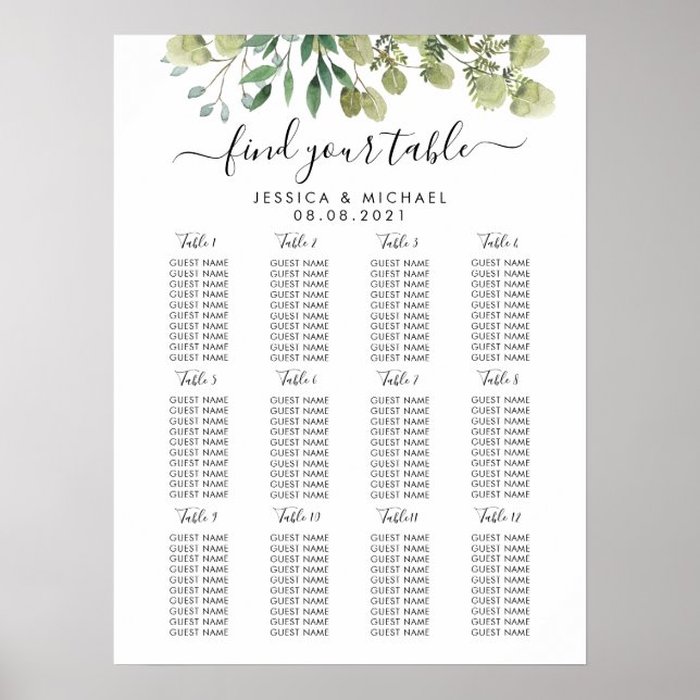 12 Tabelle Große Hochzeitgastsitzkarte Poster (Vorne)