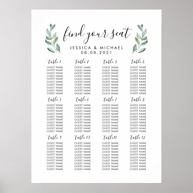12 Tabelle Große Hochzeitgastsitzkarte Poster (Vorne)