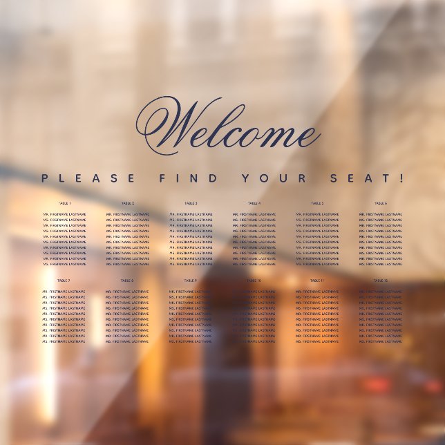 12 Tabelle Seating Chart Blue Script transparent Fensteraufkleber (Blatt 2)