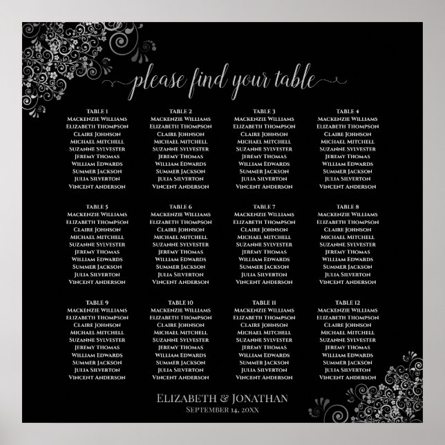 12 Tabelle Silver Frills Black Wedding Seating Cha Poster (Vorne)