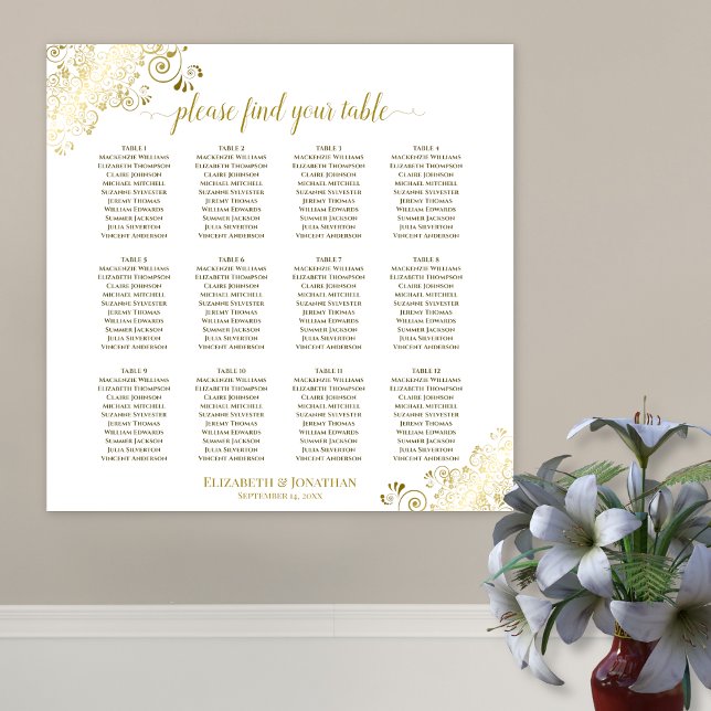 12 Tabelle Weiße Hochzeitskartons Gold Frills Poster (In Situ on Wall with Flowers)