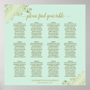 12 Table Mint Green & Gold Wedding Seating Chart Poster