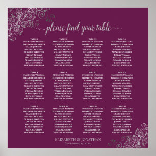12 Table Silver on Cassis Wedding Seating Chart Poster