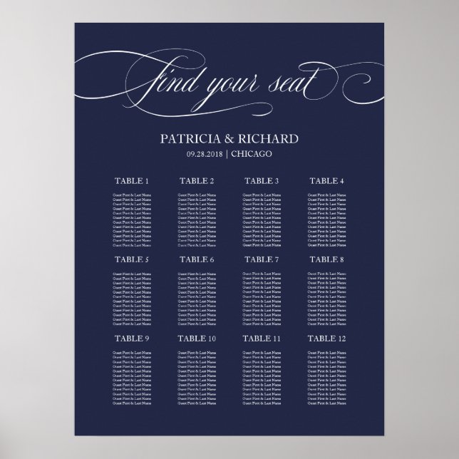 12 Tables Navy Blue Wedding Plan Board Poster (Vorne)