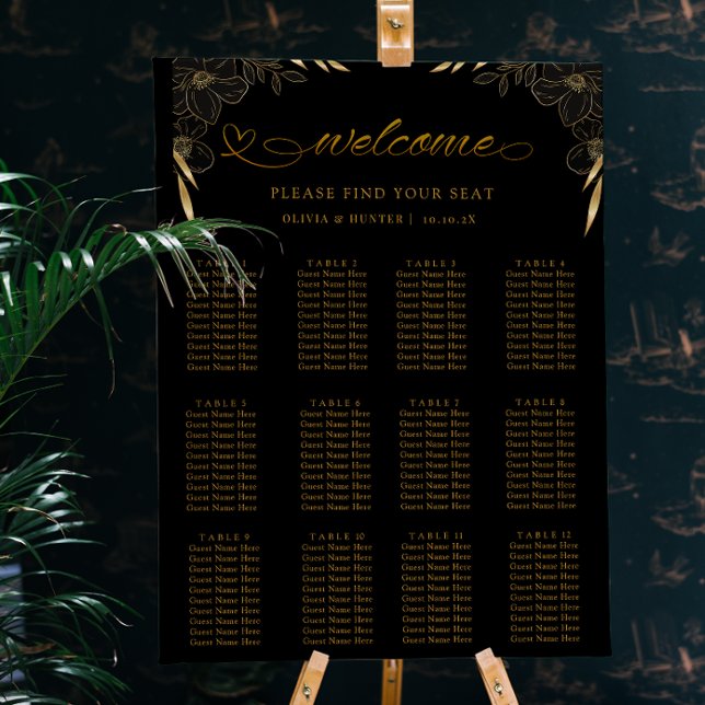 12 Tafelelegante Schwarze Hochzeitskartentafel Poster (Black and Gold Floral Wedding seating chart)