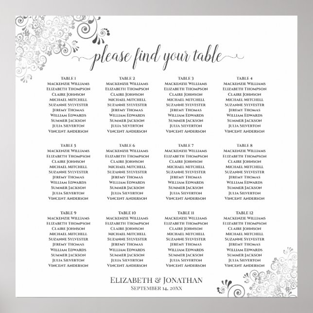 12 Tafelweiße Hochzeitssatteltafeln Silber Frills Poster (Vorne)