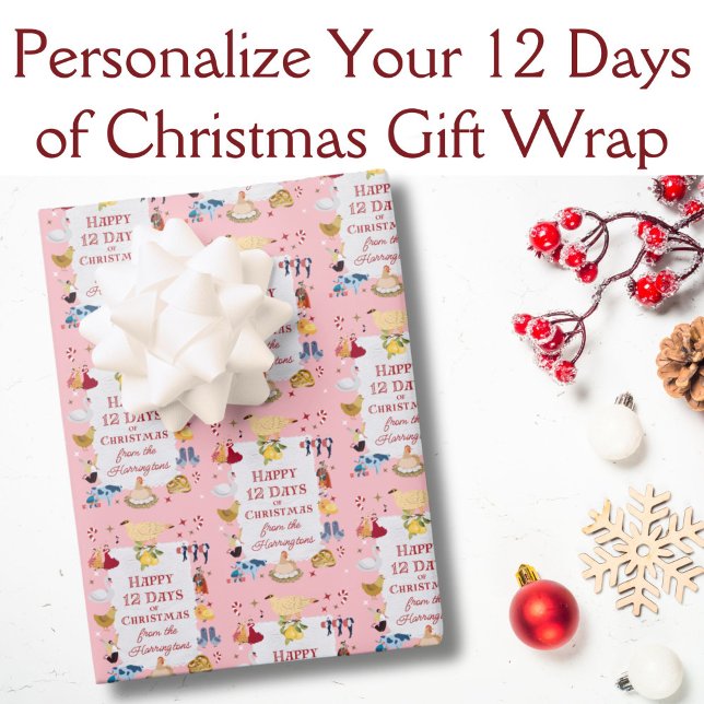 12 Tage Weihnachten Pastellrosa Personalisiert  Geschenkpapier Set (This cute pastel pink holiday gift wrap features images from "The 12 Days of Christmas.")