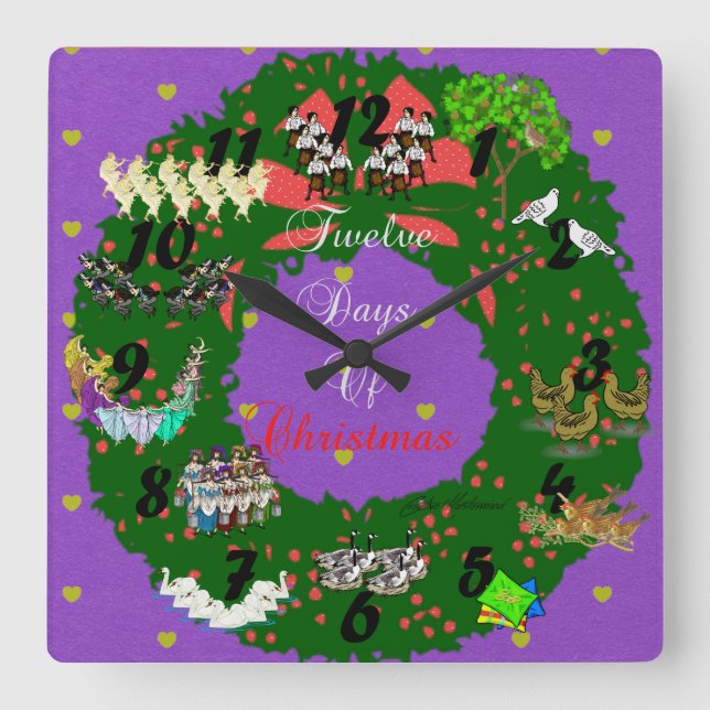 12 Tage Weihnachtsfeiertag Thema Quadratische Wanduhr (Vorderseite)