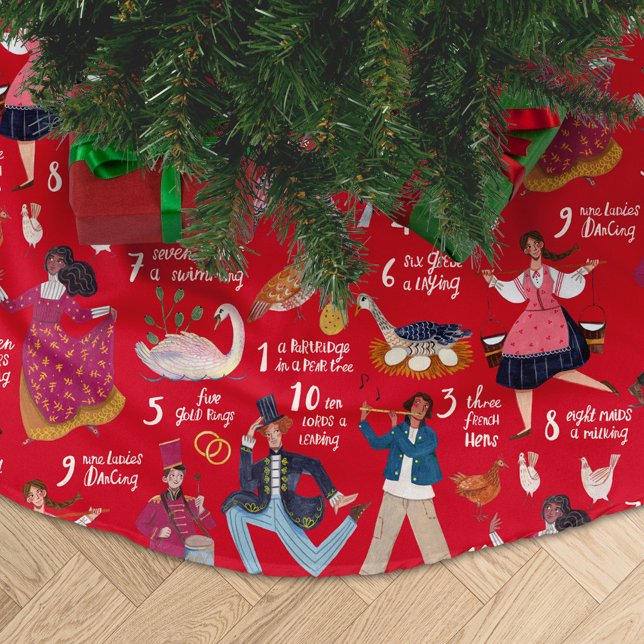 12 Tage Weihnachtsrot Polyester Weihnachtsbaumdecke (12 days of Christmas red Tree Skirt)