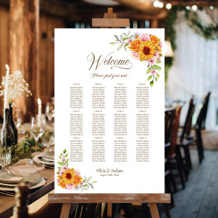 12-Tisch-Gelber-Rosa-Blumen-Hochzeits-Sitzplan Poster