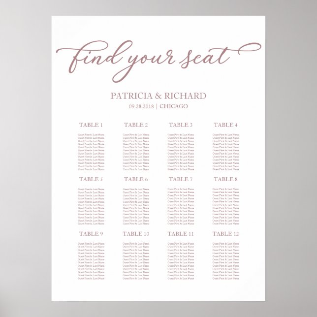 12 Tische Hochzeitsplan Chic Script Poster (Vorne)